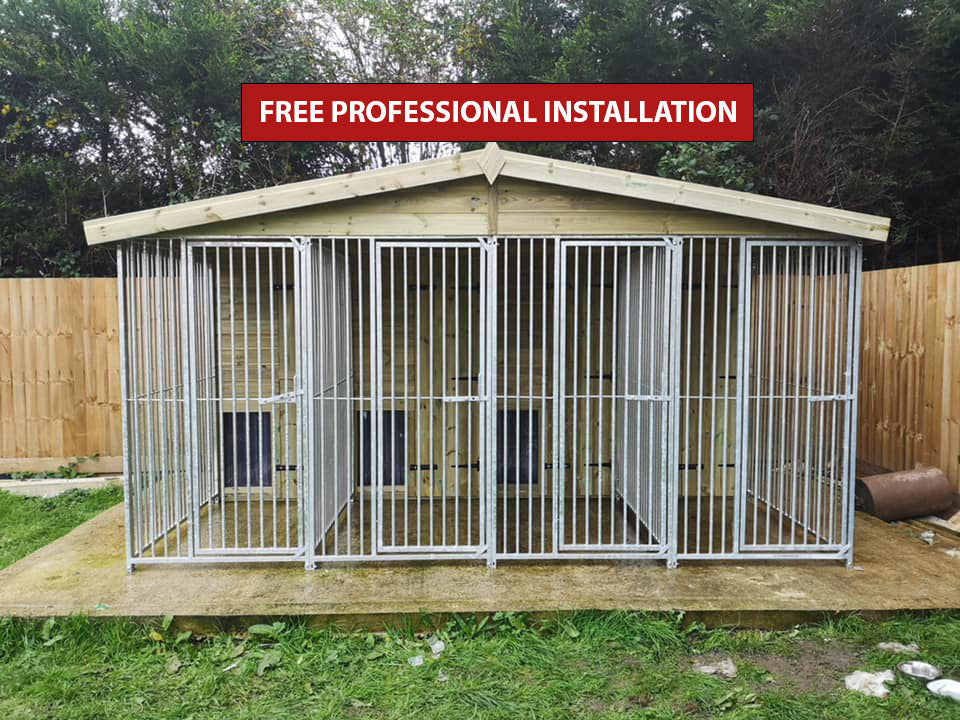 Dogs keeping warm in their wooden kennels