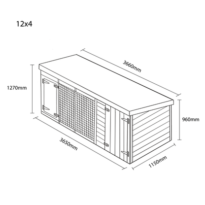 12ft X 4ft - Pent Roof - Dog Housing - Single Dog Kennel